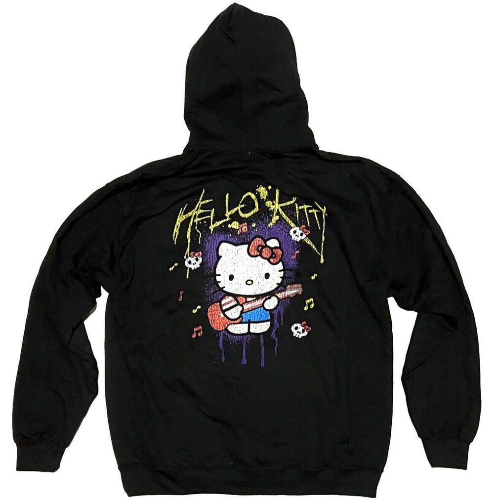 Hello Kitty Goth Hoodie Skulls Guitar Rock n Roll Goth Sz L LARGE Unisex